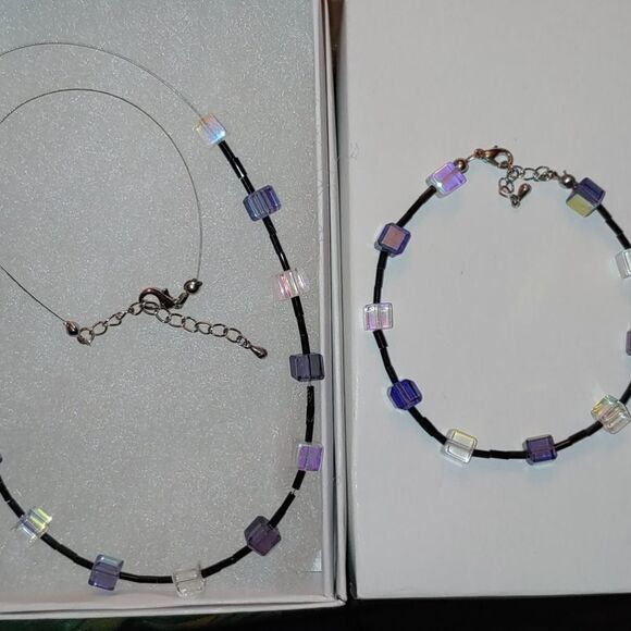 Handmade Necklace & Bracelet SET Glass Clear Purple Iridescent black bugle bead - Picture 2 of 2